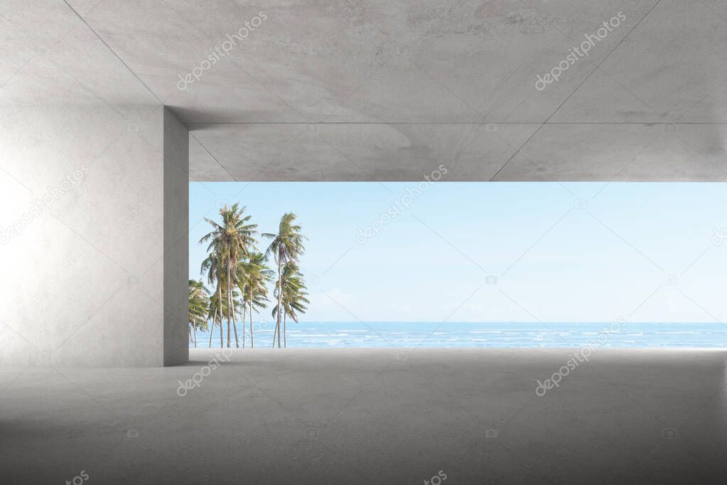 Interior with concrete wall and white sofa set on sea background. 3d render.