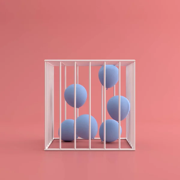 把一个装有蓝色气球的笼做成模型 3D渲染 — 图库照片