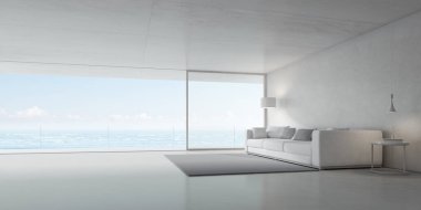 Kanepesi ve deniz zemininde geniş penceresi olan modern beton oda. 3d hazırlayıcı.