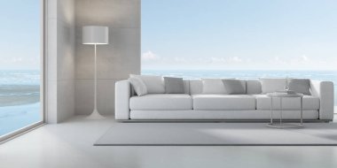 Kanepesi ve deniz zemininde geniş penceresi olan modern beton oda. 3d hazırlayıcı.