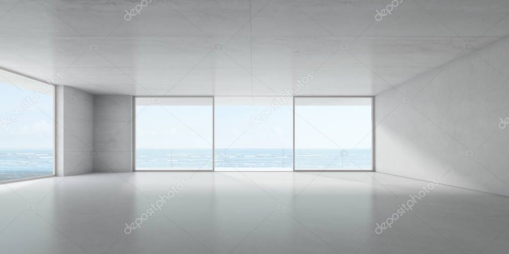 Modern empty room with concrete floor and large window on sea background. 3d render.