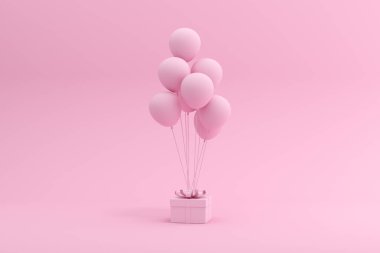 Pembe arka planda 3 boyutlu hediye kutusu ve balon hazırlama