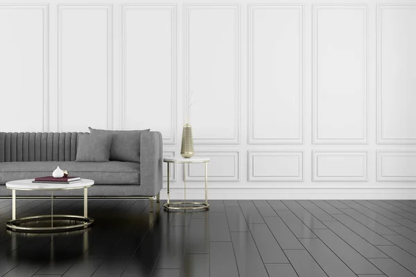 Render Ruang Dengan Lantai Kayu Dan Dinding Klasik Dengan Sofa — Stok Foto
