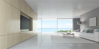 3D rendering of modern living room with TV screen and sofa on sea background.	