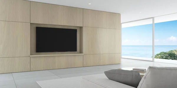 Rendering Modern Living Room Screen Sofa Sea Background — 스톡 사진