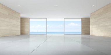 Ahşap duvarı ve deniz zemininde döşemesi olan 3 boyutlu boş oda..