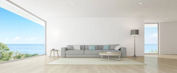 Rendering Des Modernen Wohnzimmers Mit Holzboden Und Sofa Auf Meereshintergrund — Stockfoto