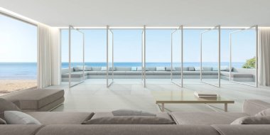 Deniz zemininde geniş pencere paneli ve terası, kanepe ve fayanslı modern oturma odası..