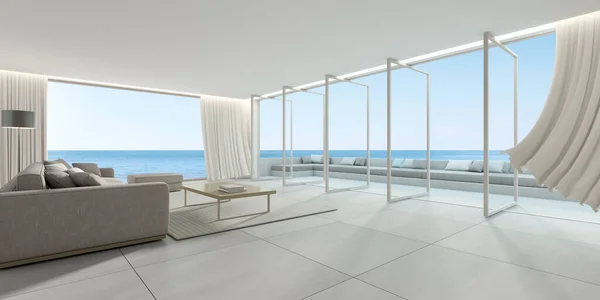 Deniz Zemininde Geniş Pencere Paneli Terası Kanepe Fayanslı Modern Oturma — Stok fotoğraf
