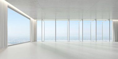 Şehrin arka planında büyük pencere paneli ve terası 3D görüntüleme, perde ve beton zemini olan boş modern oturma odası.