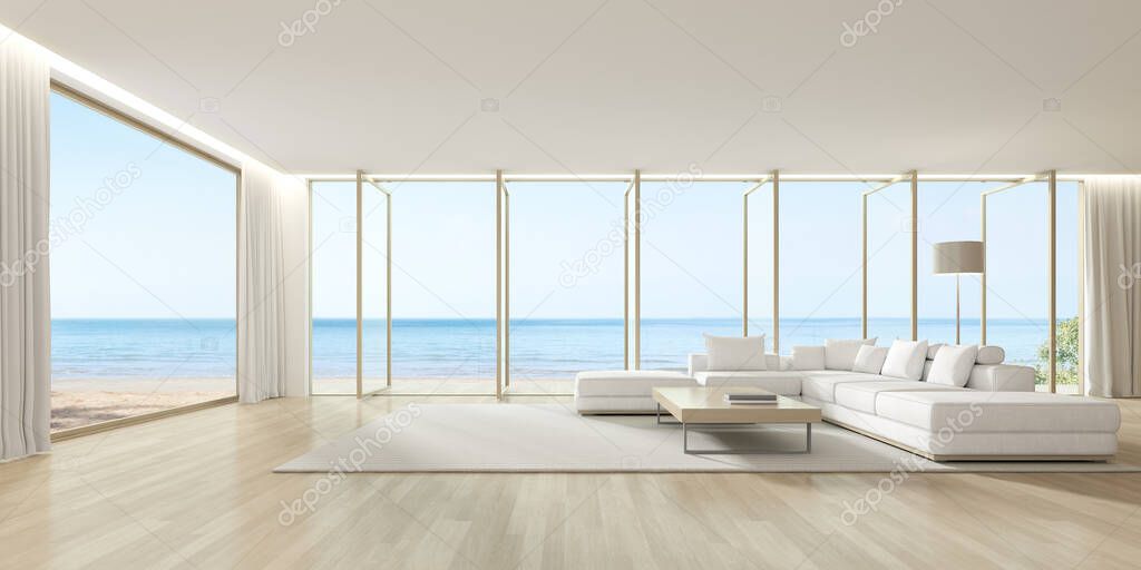 3d render of large wood windows and terrace on sea background, Modern living room with sofa and wooden floor.