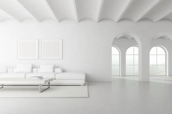 Darstellung Des Weißen Zimmers Mit Bogentür Und Sofa Auf Naturhintergrund — Stockfoto