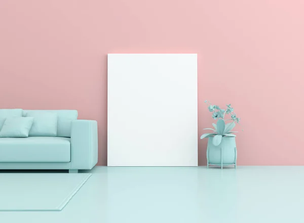 3d surreal render of white blank canvas and sofa on pastel background. Mock up scene.