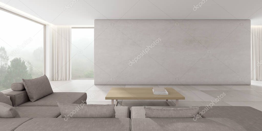 3d render of modern living room with sofa and large plain concrete wall on nature background.