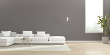 Modern oturma odasının ahşap zemininde kanepe ve geniş pencereli boş bir duvar.