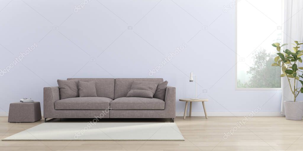 3d render of modern living room with sofa on wooden floor, Empty wall with large window on nature background