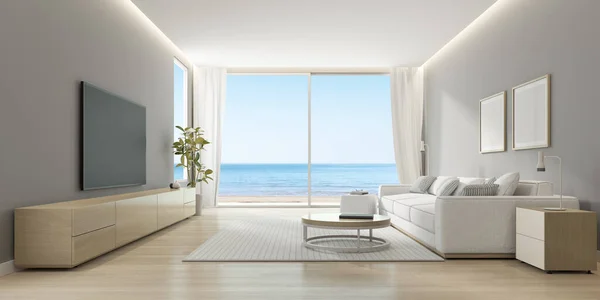 Rendering Des Modernen Wohnzimmers Mit Bildschirm Und Sofa Auf Meereshintergrund — Stockfoto