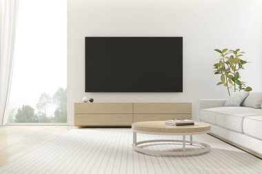 3 boyutlu modern oturma odası, televizyon ekranı ve doğa arka planında kanepe..