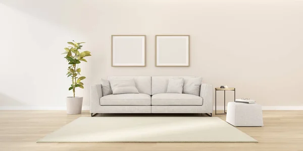 ソファと壁に白い空白の画像フレームとモダンなリビングルームの3Dレンダリング — ストック写真