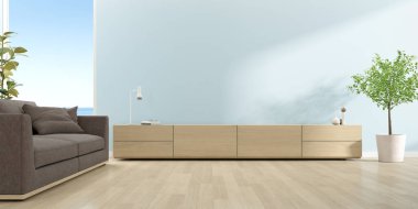 Modern oturma odasının 3 boyutlu resmi. Boş duvarda televizyon dolabı ve kanepesi var..