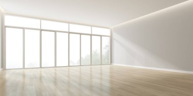 Modern boş odanın ahşap zeminli ve doğanın arka planında geniş pencereli 3D canlandırması.