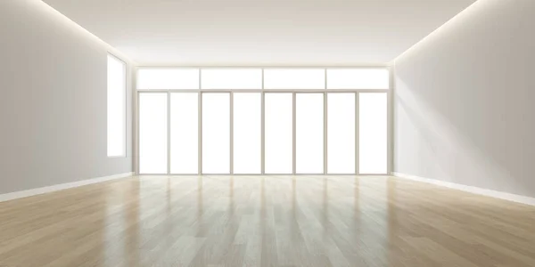 Rendering Modern Empty Room Wooden Floor Large Window White Background — Stock Photo, Image
