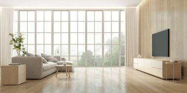 Modern oturma odasının ahşap duvarda TV ekranı ve doğa arka planında kanepe..