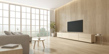 Modern oturma odasının ahşap duvarda TV ekranı ve doğa arka planında kanepe..