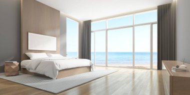 Deniz manzaralı modern yatak odasının 3B görüntüsü.