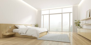 3D rendering of modern bedroom with wooden floor on nature background.	