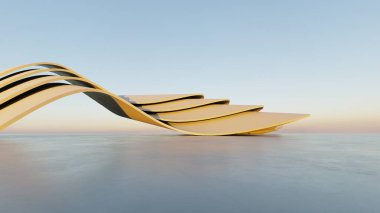 Soyut dalgalı kıvrımlı mimari arkaplan, beton zeminli boş alan, fütürist modern dış fon, araba sunum inşaatının 3D görüntüsü