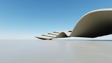 Soyut dalgalı kıvrımlı mimari arkaplan, beton zeminli boş alan, fütürist modern dış fon, araba sunum inşaatının 3D görüntüsü
