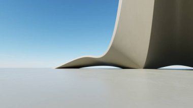 Soyut dalgalı kıvrımlı mimari arkaplan, beton zeminli boş alan, fütürist modern dış fon, araba sunum inşaatının 3D görüntüsü