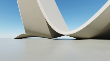 Soyut dalgalı kıvrımlı mimari arkaplan, beton zeminli boş alan, fütürist modern dış fon, araba sunum inşaatının 3D görüntüsü