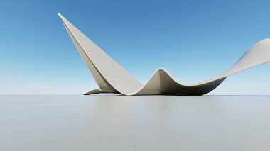 Soyut dalgalı kıvrımlı mimari arkaplan, beton zeminli boş alan, fütürist modern dış fon, araba sunum inşaatının 3D görüntüsü