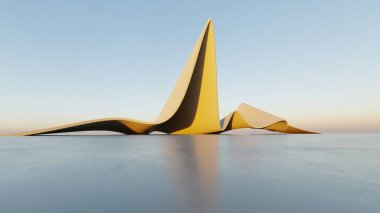 Soyut dalgalı kıvrımlı mimari arkaplan, beton zeminli boş alan, fütürist modern dış fon, araba sunum inşaatının 3D görüntüsü