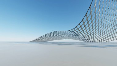 Soyut kablolu çelik mimari arka plan, beton zeminli boş alan, fütüristik modern dış fon, araba sunum inşaatının 3 boyutlu canlandırması