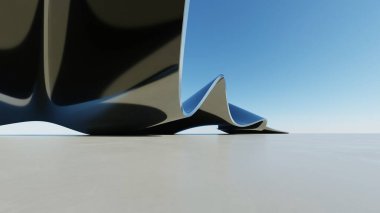Üç boyutlu soyut dalgalı mimari arka plan, minimum eğimli geometri mimari tasarımı, boş beton zeminli araba sunum arkaplanı, akan geometrik cam bina tasarımı