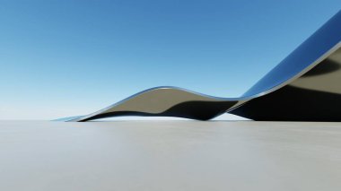 Üç boyutlu soyut dalgalı mimari arka plan, minimum eğimli geometri mimari tasarımı, boş beton zeminli araba sunum arkaplanı, akan geometrik cam bina tasarımı