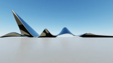 Üç boyutlu soyut dalgalı mimari arka plan, minimum eğimli geometri mimari tasarımı, boş beton zeminli araba sunum arkaplanı, akan geometrik cam bina tasarımı