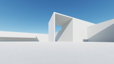 Soyut modern mimari arka plan, minimal geometri mimari tasarımı, boş beton zeminli araba sunumu arkaplanı, Geometrik beyaz bloklar bina tasarımı