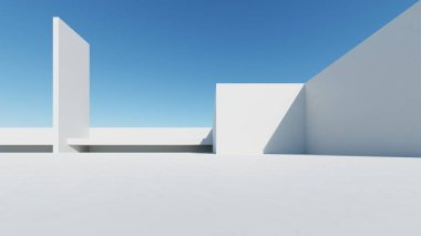 Soyut modern mimari arka plan, minimal geometri mimari tasarımı, boş beton zeminli araba sunumu arkaplanı, Geometrik beyaz bloklar bina tasarımı