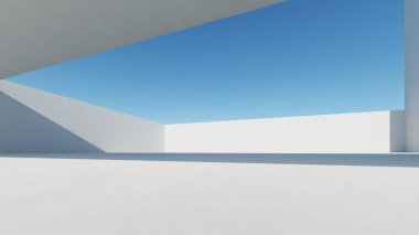 Soyut modern mimari arka plan, minimal geometri mimari tasarımı, boş beton zeminli araba sunumu arkaplanı, Geometrik beyaz bloklar bina tasarımı