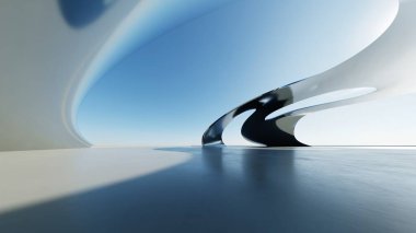 Üç boyutlu soyut dalgalı mimari arka plan, minimum eğimli geometri mimari tasarımı, boş beton zeminli araba sunum arkaplanı, akan geometrik metal bina tasarımı