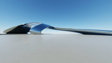 Üç boyutlu soyut dalgalı mimari arka plan, minimum eğimli geometri mimari tasarımı, boş beton zeminli araba sunum arkaplanı, akan geometrik metal bina tasarımı