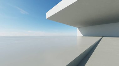 Soyut modern mimari arka plan, minimal geometri mimari tasarımı, boş beton zeminli araba sunumu arkaplanı, Geometrik beyaz bloklar bina tasarımı