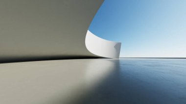 Soyut beyaz kıvrımlı mimari arka plan, yansıyan beton zeminli boş dalgalı alan, fütürist modern iç fon, çarpık binanın 3D görüntüsü