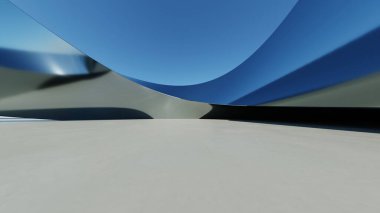 Üç boyutlu soyut dalgalı mimari arka plan, minimum eğimli geometri mimari tasarımı, boş beton zeminli araba sunum arkaplanı, akan geometrik metal bina tasarımı