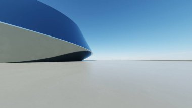 Üç boyutlu soyut dalgalı mimari arka plan, minimum eğimli geometri mimari tasarımı, boş beton zeminli araba sunum arkaplanı, akan geometrik metal bina tasarımı