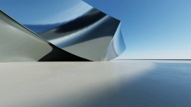 Üç boyutlu soyut dalgalı mimari arka plan, minimum eğimli geometri mimari tasarımı, boş beton zeminli araba sunum arkaplanı, akan geometrik metal bina tasarımı